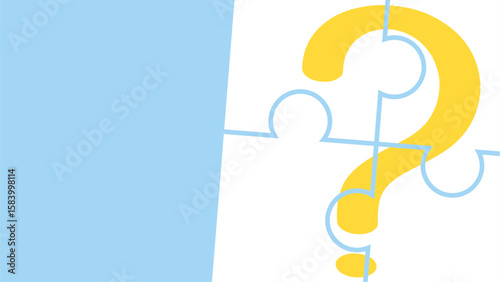 Yellow question mark divided across four puzzle pieces on a blue background, symbolizing problem-solving or finding answers.