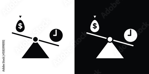 Time and money compare scale icon silhouette in black flat style. Graphic element