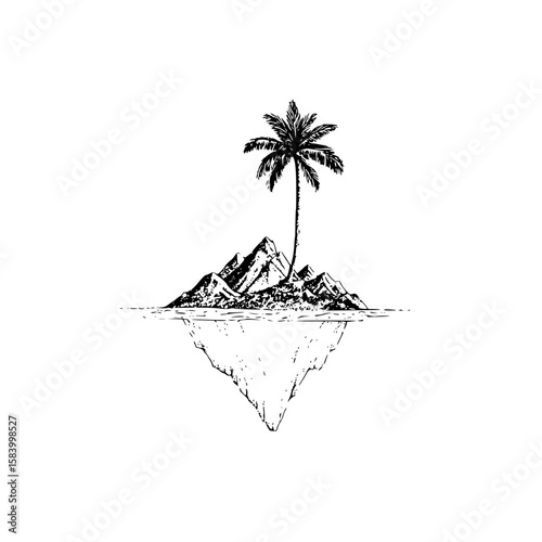 Minimalist monochromic line art illustration of floating island above palm plain white background
