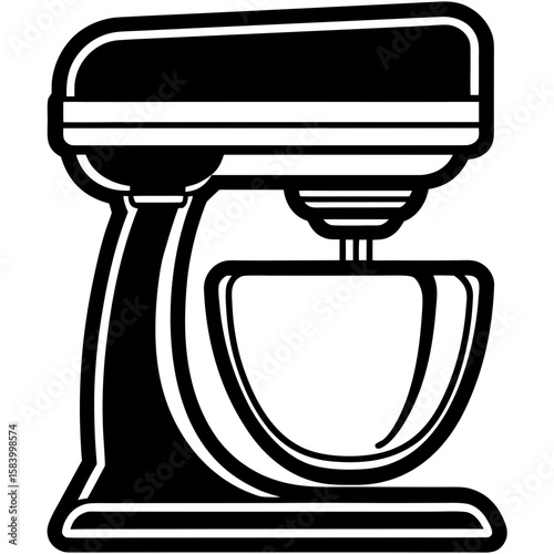 Black and white illustration of a stand mixer with a mixing bowl