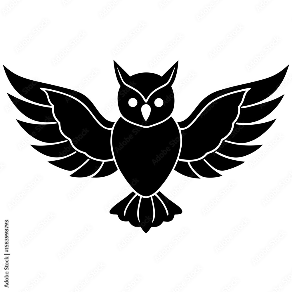 Obraz premium Stylized black silhouette of an owl with wings spread wide