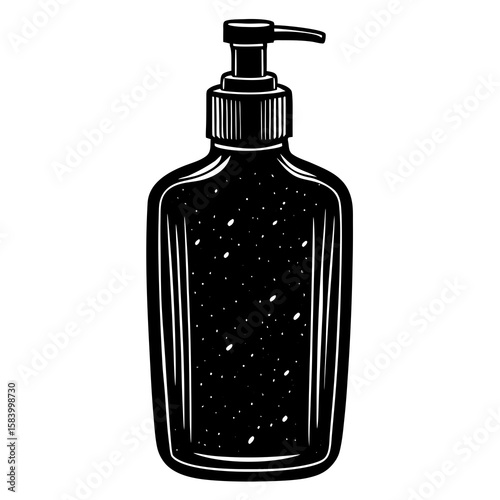 Black and white illustration of a pump dispenser bottle with speckled liquid inside