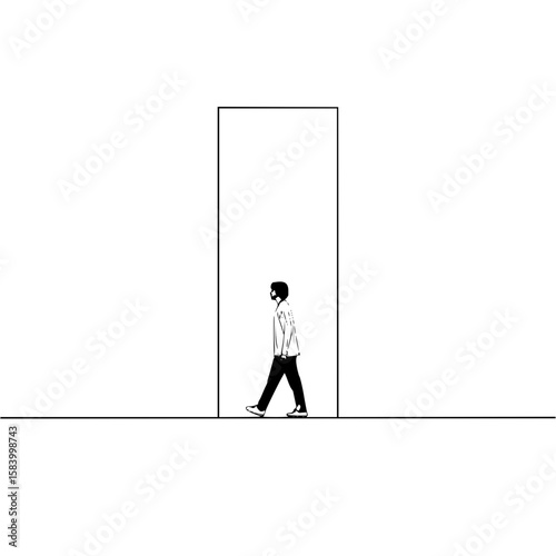 Minimalist monochromic line art illustration of person walking through mirror frame plain white background