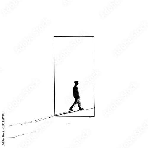 Minimalist monochromic line art illustration of person walking through mirror frame plain white background