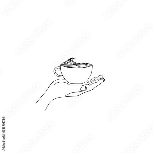 Minimalist monochromic line art illustration of teacup holding miniature ocean plain white background