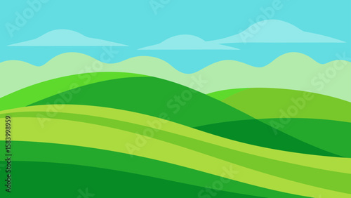 Stylized green rolling hills under a bright blue sky with fluffy clouds