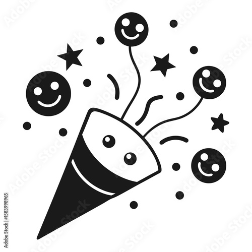 Celebration party popper exploding with happy smiley faces and stars