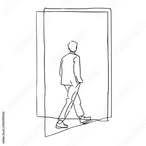 Minimalist monochromic line art illustration of person walking through mirror frame plain white background