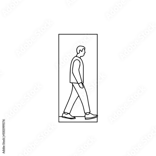 Minimalist monochromic line art illustration of person walking through mirror frame plain white background