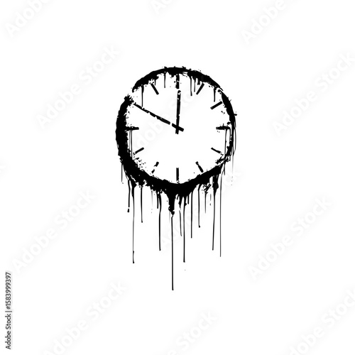 Minimalist monochromic line art illustration of clock face dripping like water plain white background