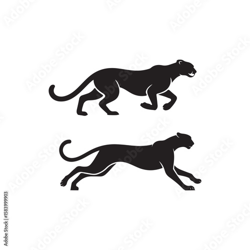Powerful Panther Silhouettes: Running and Walking.Two black silhouettes of panthers in dynamic poses: one walking, one running.
