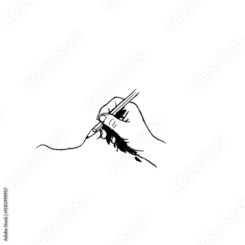 Minimalist monochromic line art illustration of pencil drawing own hand on plain white background