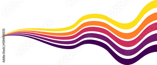 The image features a dynamically curved, wavy pattern of horizontal stripes in vibrant colors: yellow, orange, pink, purple, and dark purple, creating a sense of flow.