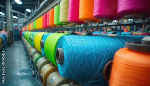 Vivid thread spools lined up in a colorful modern textile manufacturing factory