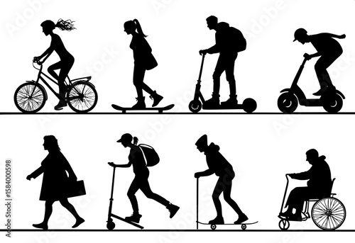A visual catalog of silhouette figures involved in transportation, including people on scooters, bikes, skateboards, wheelchairs, and segways. The figures are depicted in dynamic poses and clearly sep