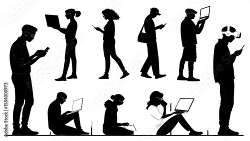 A black silhouette figure grid featuring people using technology, like laptops, smartphones, VR headsets, or tablets. The design is minimalist and contemporary, arranged in an orderly layout on a whit