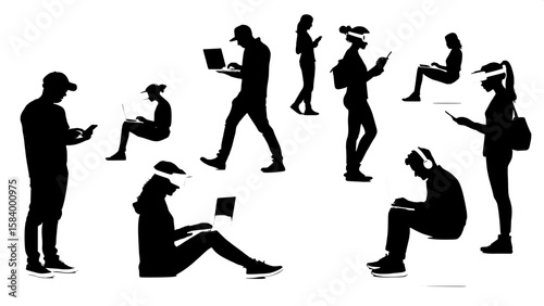 A black silhouette figure grid featuring people using technology, like laptops, smartphones, VR headsets, or tablets. The design is minimalist and contemporary, arranged in an orderly layout on a whit