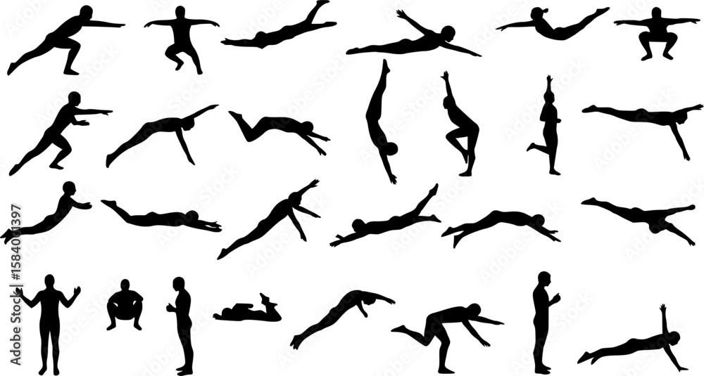 Naklejka premium Silhouette vector illustration of human swimming, diving, floating and jumping poses in various body movements for sport, design, education, animation