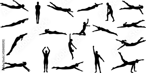 Silhouette vector illustration of human swimming, diving, floating and jumping poses in various body movements for sport, design, education, animation
