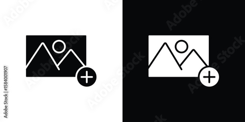 Add photos icon silhouette in black flat style. Graphic element