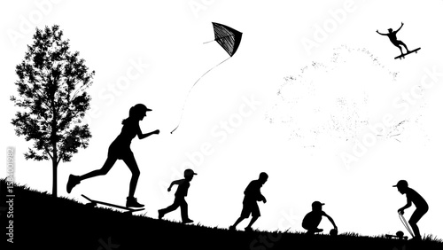 A collection of silhouette people engaged in outdoor recreational activities, such as jogging, flying kites, skateboarding, hiking, and playing frisbee. The image is filled with motion and variety, bu