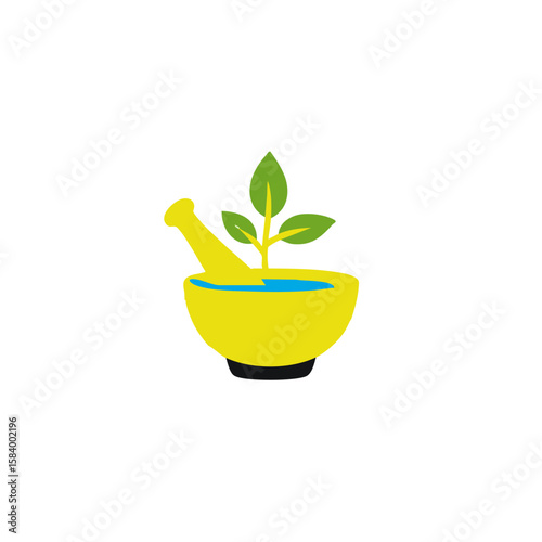 Herbal medicine mortar and pestle with plant - natural remedy illustration