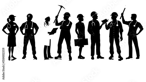 An array of black silhouette characters representing different professions, including doctors, chefs, construction workers, firefighters, and office employees. Each figure is posed with iconic tools o