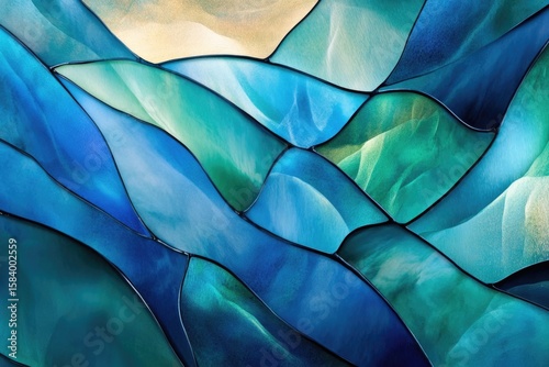 An abstract stained glass artwork featuring flowing, interlocking shapes in shades of blue, green, and beige, creating a mesmerizing visual texture.