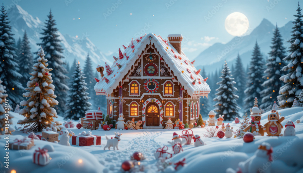 A whimsical gingerbread house scene with snow-covered landscape and festive decorations.