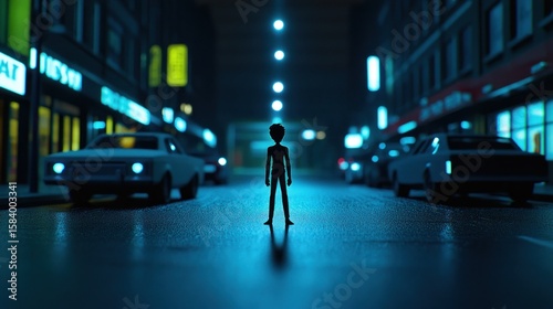 Lonely alien child stands on night city street, cars parked, neon lights glow. Use Sci-fi illustration