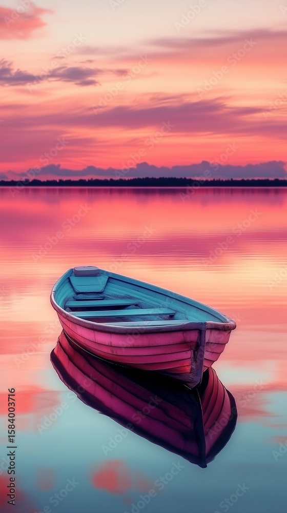 Obraz premium Empty Boat on Pink Sunset Lake