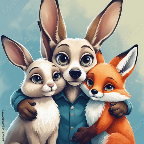  Vector poster design of hugging animals — a dog, rabbit, and fox — stylized with oversized eyes and round shapes, on a pale blue background
