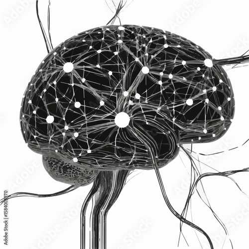 An elegant black and white icon representing the concept of a digital brain and the intricate workings of neural networks. Excellent for educational materials, tech presentations