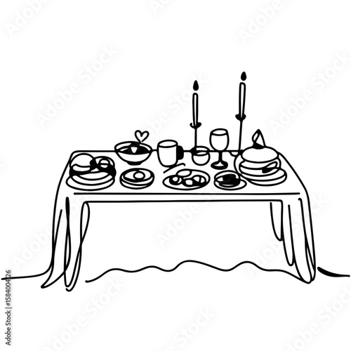 Minimalistic continuous line art of a decorated table with festive snacks, black and white on plain background, concept of holiday gatherings and celebrations.