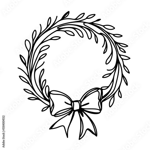 Abstract one-line holiday wreath with bow, minimalistic continuous design, black and white aesthetic, symbolizes elegance and creativity, concept of decor businesses, arts and crafts.