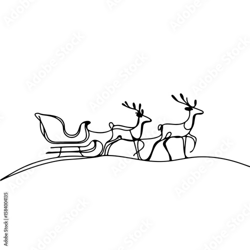 Abstract continuous line drawing of a sleigh ride with reindeer against a plain white background, concept of minimalist art for holiday decor and seasonal celebrations.