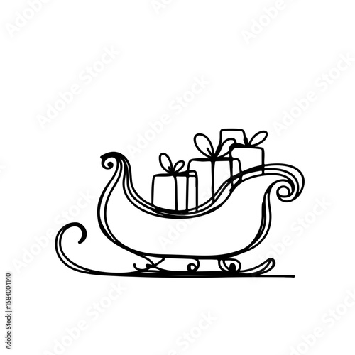 Minimalistic black one-line drawing of a sleigh with gifts on a plain white background, conveying the concept of holiday joy and giving, suitable for gift shops, event planners.