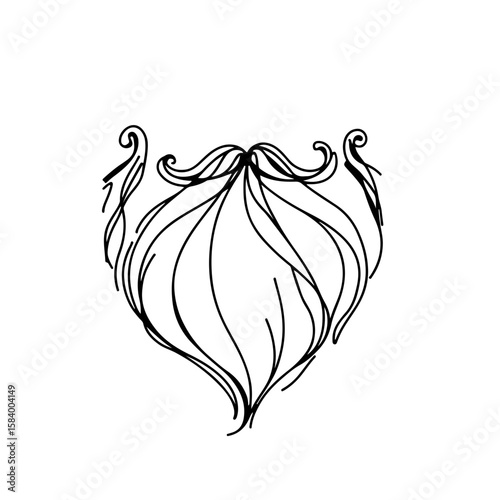 Minimalistic continuous abstract black line drawing of a whimsical Christmas beard, plain white background, concept of holiday artistry.