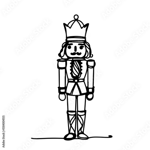 Abstract black line drawing of a Nutcracker soldier in minimalistic style, white background, elegant holiday decoration concept for festive occasions.
