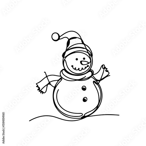 Minimalistic black and white abstract snowman with scarf waving joyfully, on plain white background, concept of winter decoration and festive spirit.