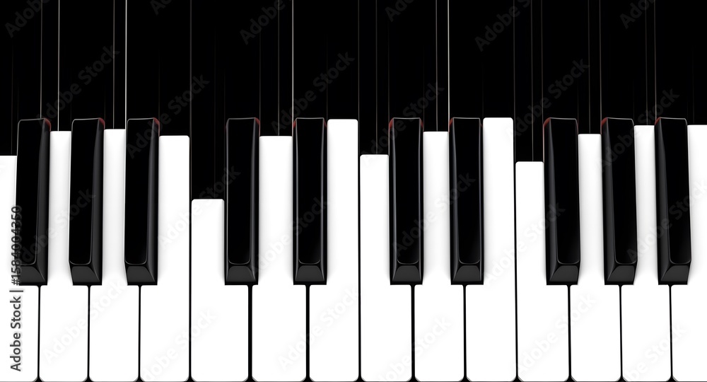 Naklejka premium Close up view of a piano keyboard displaying black and white keys. The keys are arranged in a standard pattern with contrasting colors. The image emphasizes the details of the instrument