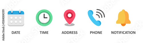 Date, time, address, phone, notification symbol vector icon. Calendar, location pointer, clock and bell signs isolated on white background. Editable vector illustration.