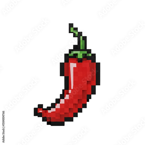Pixel art red chili pepper with green stem isolated on transparent background