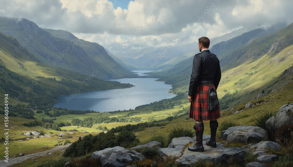 Fototapeta premium Man in traditional Scottish kilt stands on rocky outcropping overlooking scenic valley in Scottish Highlands. Earthy tones of surrounding landscape contrast with red plaid kilt. Vast valley stretches