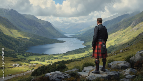 Man in traditional Scottish kilt stands on rocky outcropping overlooking scenic valley in Scottish Highlands. Earthy tones of surrounding landscape contrast with red plaid kilt. Vast valley stretches