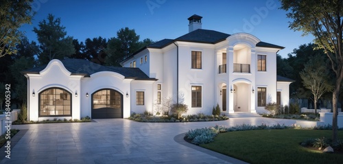 Modern luxury house in serene suburban neighborhood at night. White two-story mansion with black roof, central entrance. Symmetrical windows, well-manicured lawn, quaint house in background with red