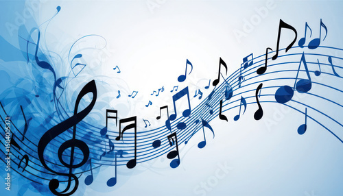 Abstract musical notes flowing across a white background with blue swirls and accents.