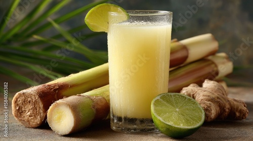 Fresh sugarcane juice with lime and ginger