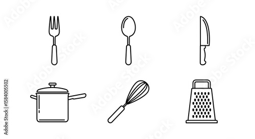Outlined kitchen utensils including a fork spoon knife pot whisk and grater are displayed here