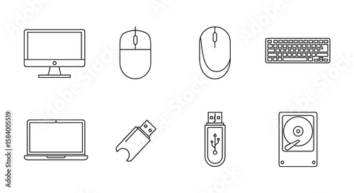 Outline representation of computer peripherals including monitor, mouse, and keyboard layout